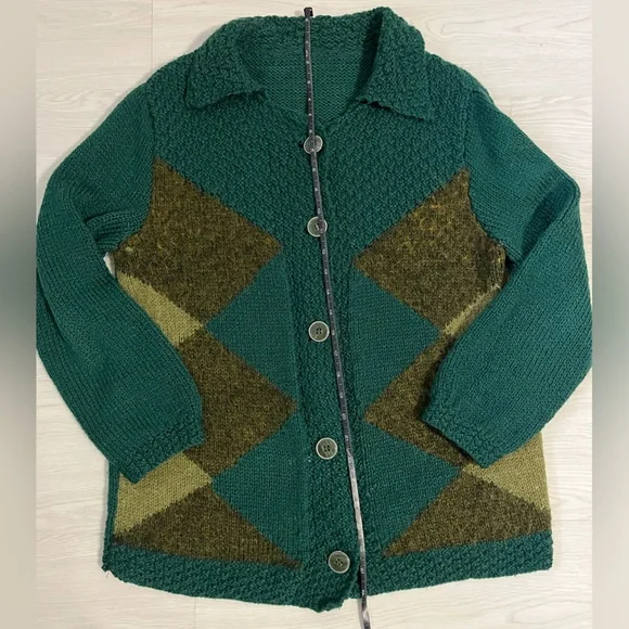 vintage textured knit cardigan sweater emerald green with argyle green pattern - Picture 6 of 7